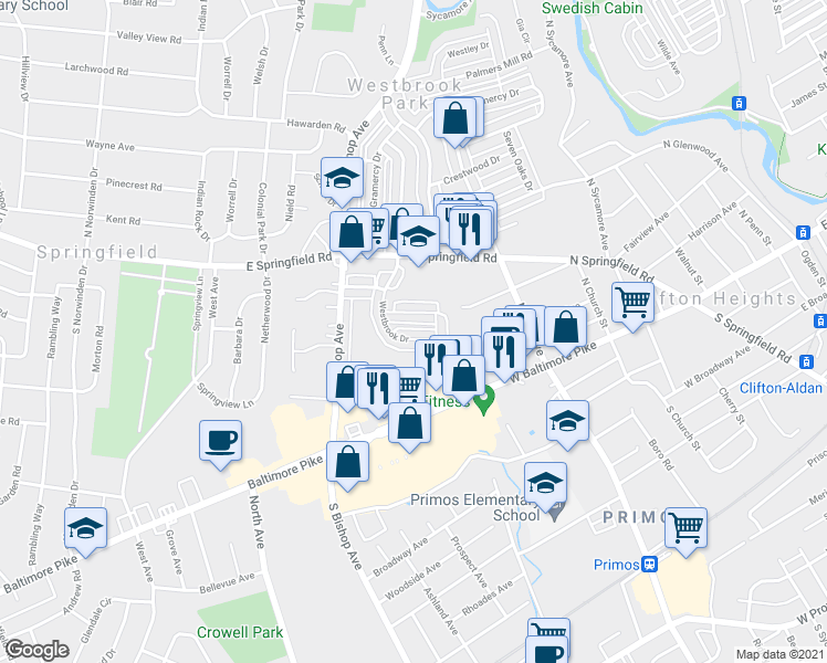 map of restaurants, bars, coffee shops, grocery stores, and more near 5221 Westbrook Drive in Clifton Heights
