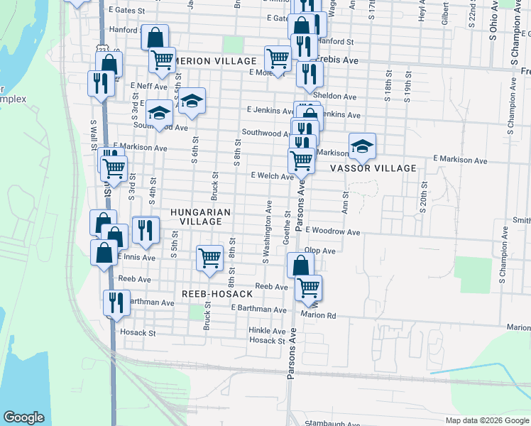map of restaurants, bars, coffee shops, grocery stores, and more near 1694 South Washington Avenue in Columbus