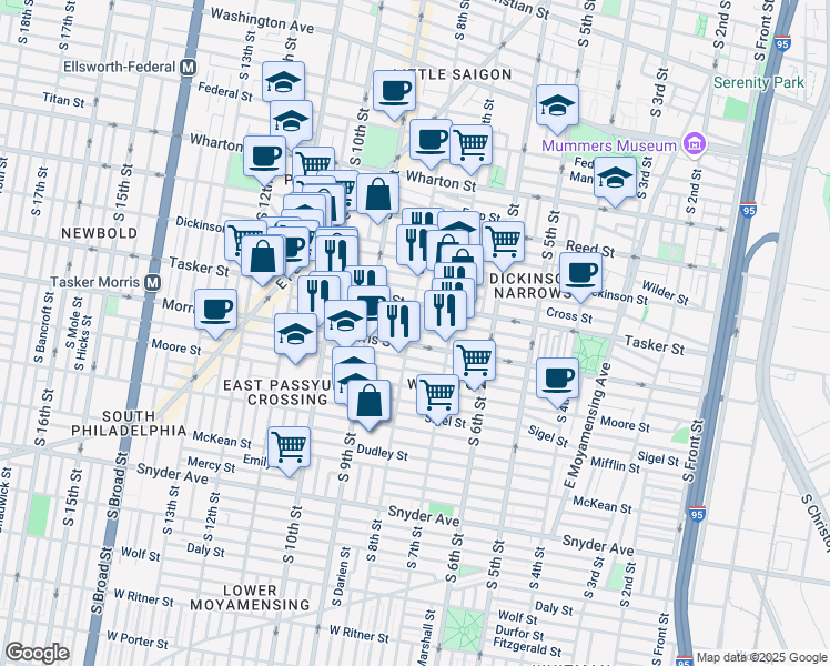 map of restaurants, bars, coffee shops, grocery stores, and more near 807 Mountain Street in Philadelphia
