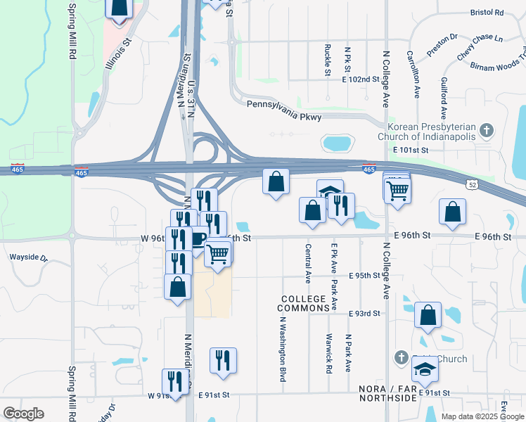 map of restaurants, bars, coffee shops, grocery stores, and more near 250 East 96th Street in Indianapolis