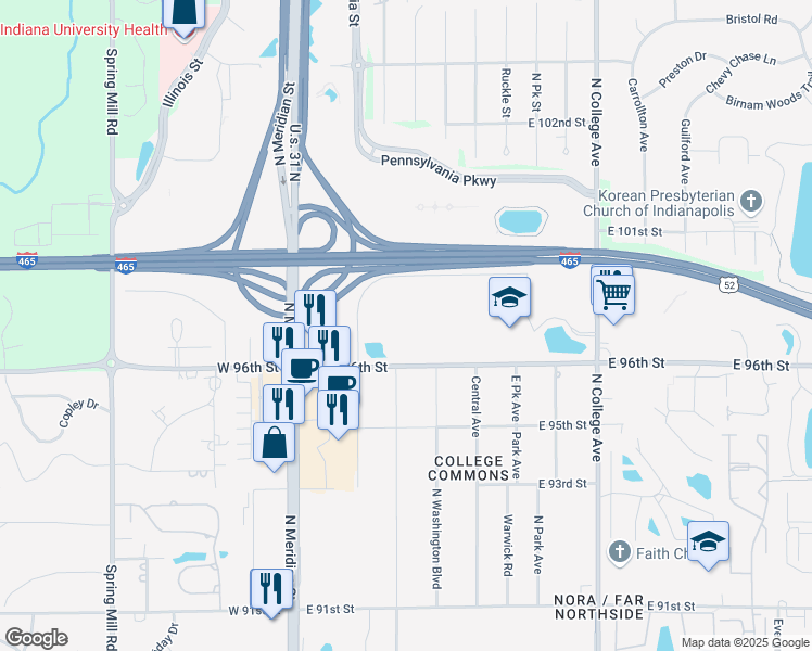 map of restaurants, bars, coffee shops, grocery stores, and more near 250 East 96th Street in Indianapolis