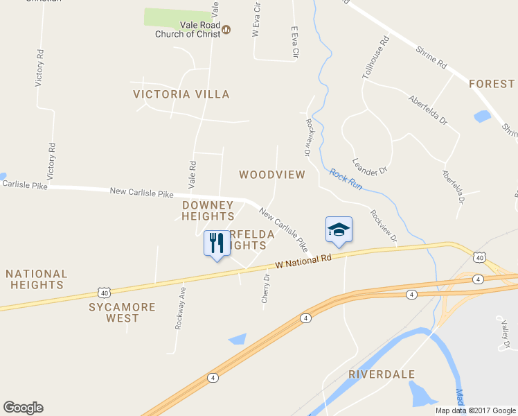 map of restaurants, bars, coffee shops, grocery stores, and more near 3799 New Carlisle Pike in Springfield