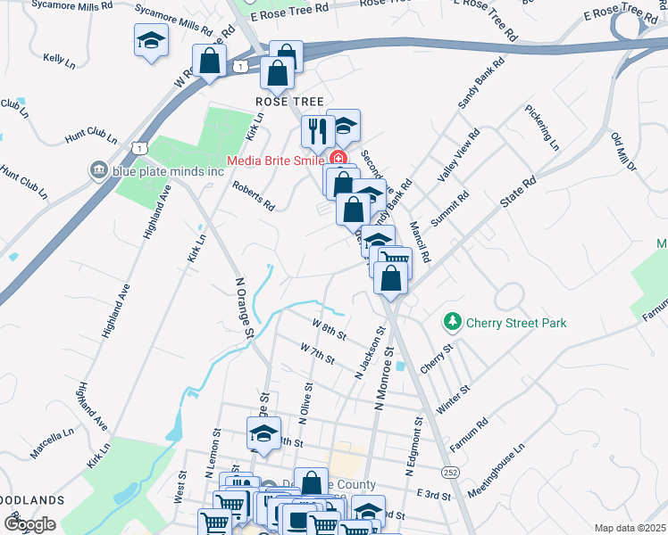map of restaurants, bars, coffee shops, grocery stores, and more near 13 West Ridge Road in Media