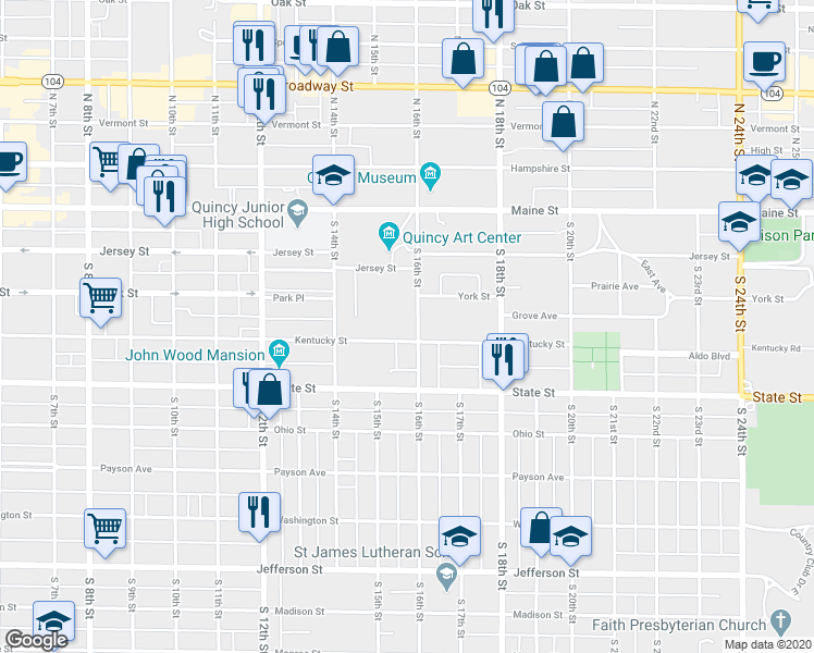 map of restaurants, bars, coffee shops, grocery stores, and more near 330 South 16th Street in Quincy