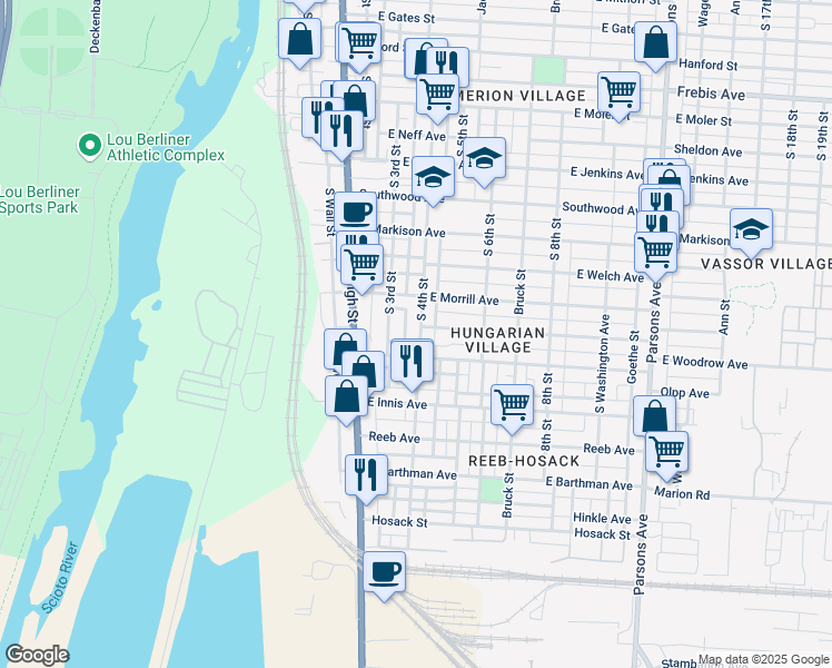 map of restaurants, bars, coffee shops, grocery stores, and more near 1649 South 4th Street in Columbus