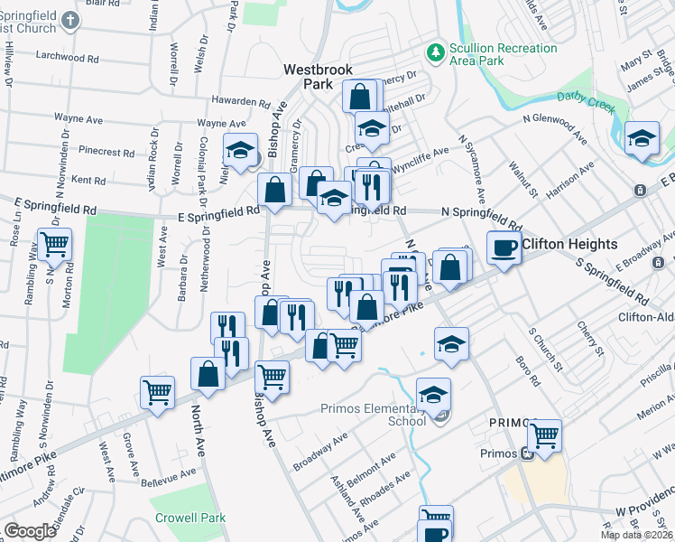 map of restaurants, bars, coffee shops, grocery stores, and more near 5210 Fairhaven Road in Clifton Heights