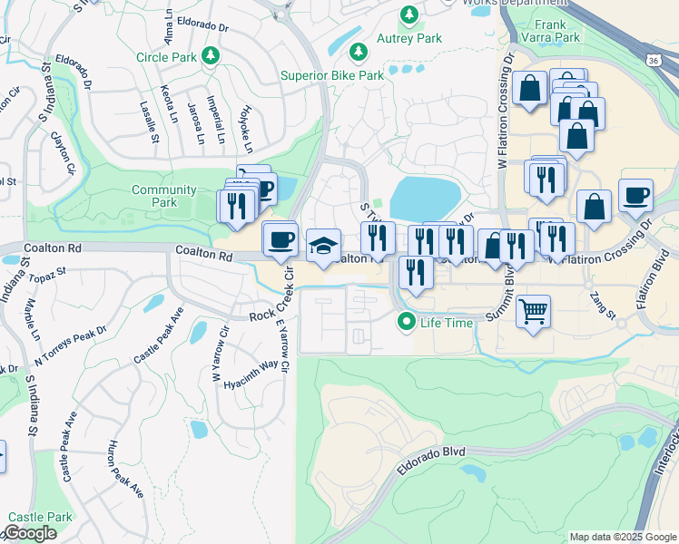 map of restaurants, bars, coffee shops, grocery stores, and more near 1680 Coalton Rd in Broomfield