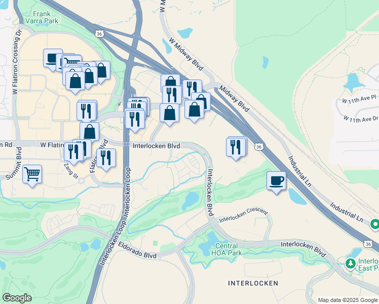 map of restaurants, bars, coffee shops, grocery stores, and more near 559-573 Interlocken Boulevard in Broomfield