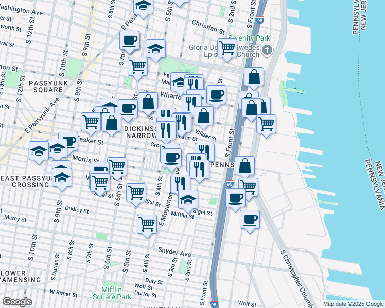 map of restaurants, bars, coffee shops, grocery stores, and more near 240 Greenwich Street in Philadelphia