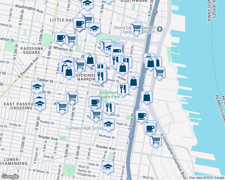 map of restaurants, bars, coffee shops, grocery stores, and more near 240 Greenwich Street in Philadelphia