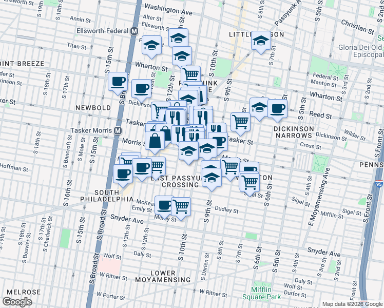 map of restaurants, bars, coffee shops, grocery stores, and more near 1640 South 10th Street in Philadelphia