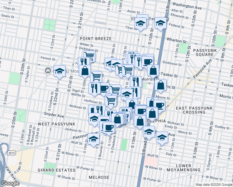 map of restaurants, bars, coffee shops, grocery stores, and more near 1804 South 17th Street in Philadelphia