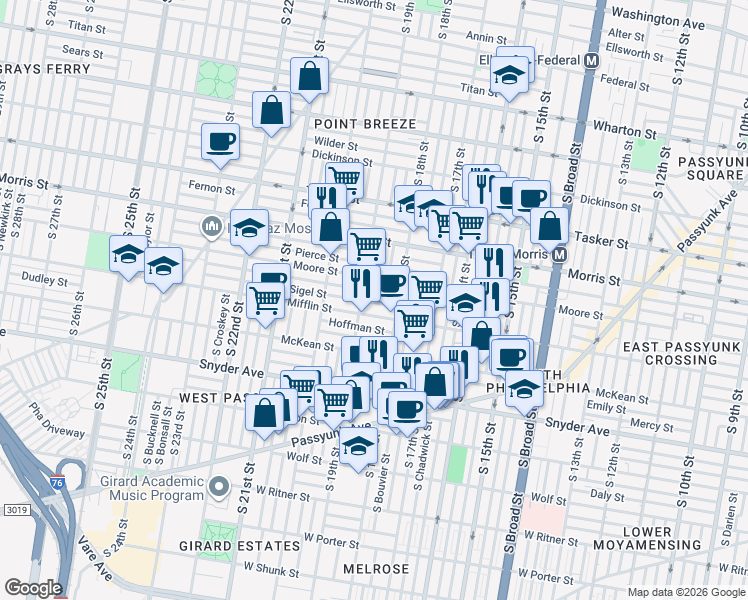 map of restaurants, bars, coffee shops, grocery stores, and more near 1854 McClellan Street in Philadelphia