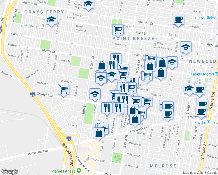 map of restaurants, bars, coffee shops, grocery stores, and more near 1910 South Bonsall Street in Philadelphia