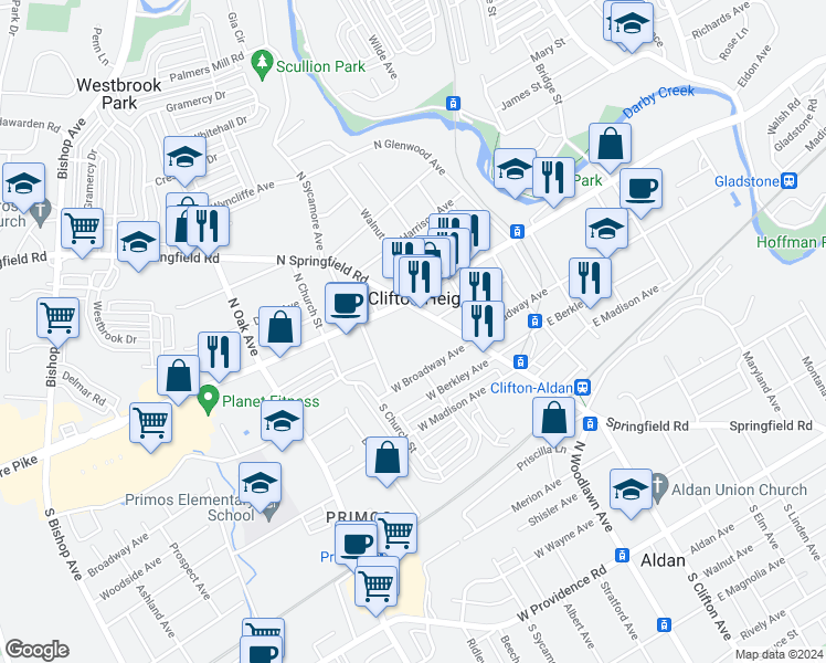 map of restaurants, bars, coffee shops, grocery stores, and more near 22 North Springfield Road in Clifton Heights