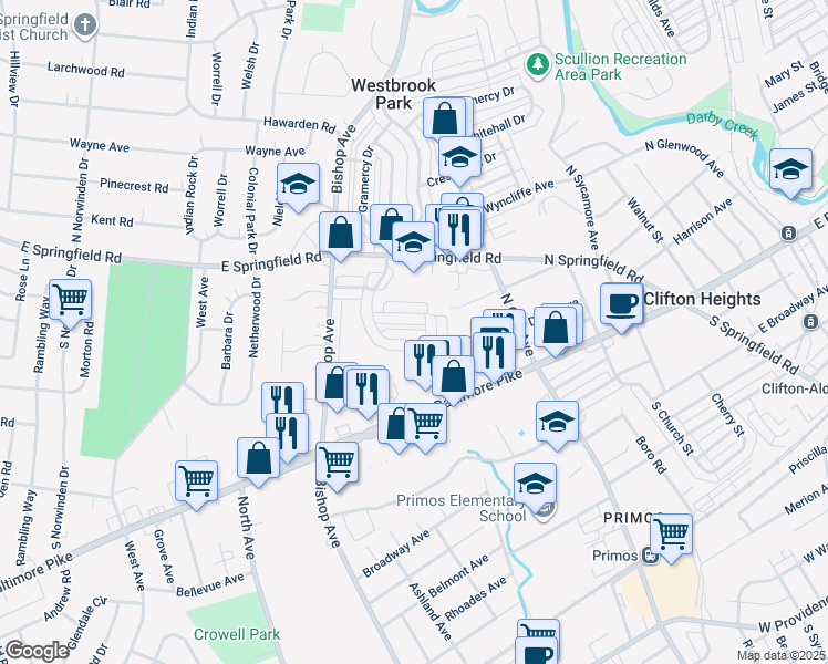 map of restaurants, bars, coffee shops, grocery stores, and more near 5211 Westbrook Drive in Clifton Heights