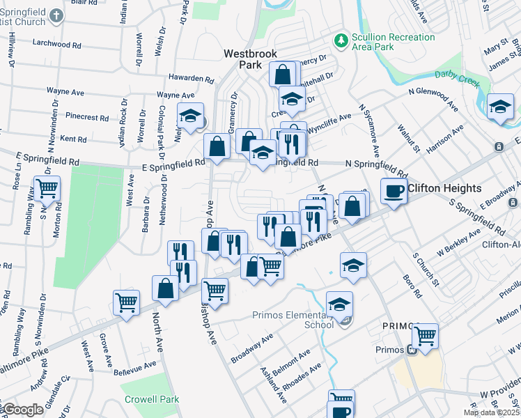 map of restaurants, bars, coffee shops, grocery stores, and more near 5217 Westbrook Drive in Clifton Heights