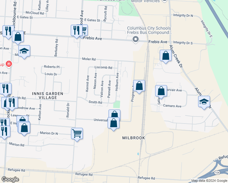 map of restaurants, bars, coffee shops, grocery stores, and more near 1887 Holburn Avenue in Columbus