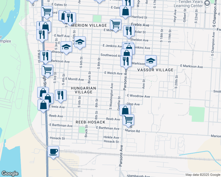 map of restaurants, bars, coffee shops, grocery stores, and more near 1694 South Washington Avenue in Columbus