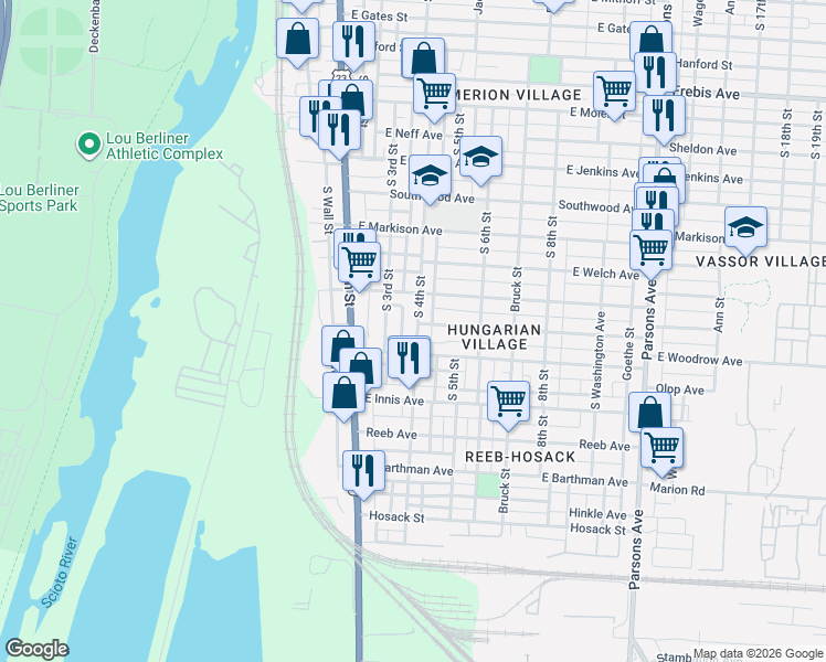 map of restaurants, bars, coffee shops, grocery stores, and more near 1649 South 4th Street in Columbus