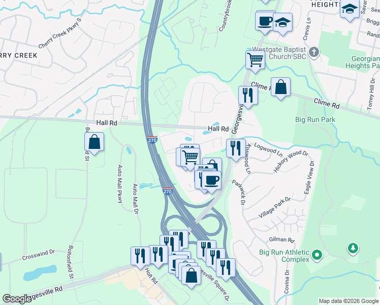 map of restaurants, bars, coffee shops, grocery stores, and more near 4541 Belvedere Park in Columbus