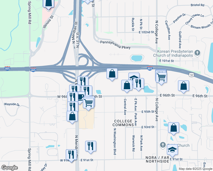 map of restaurants, bars, coffee shops, grocery stores, and more near 250 East 96th Street in Indianapolis