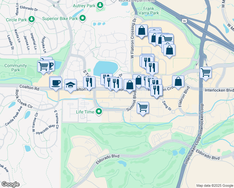 map of restaurants, bars, coffee shops, grocery stores, and more near 2580 Coalton Road in Superior