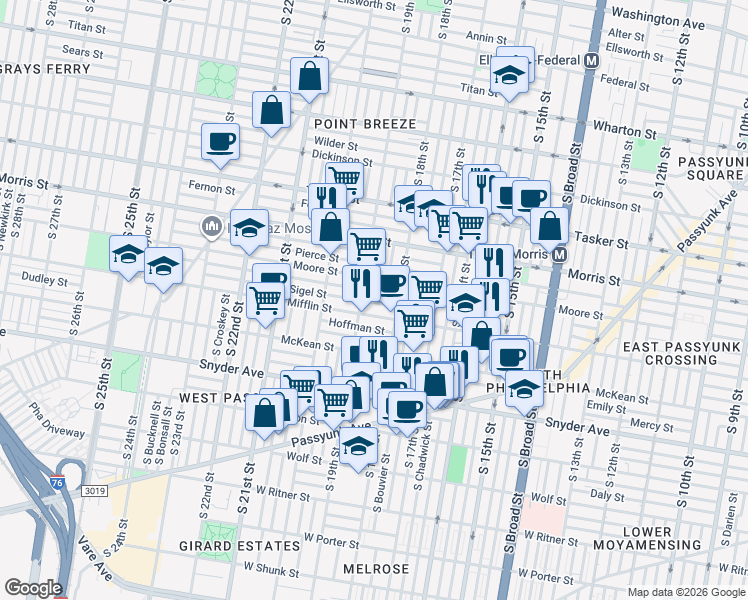 map of restaurants, bars, coffee shops, grocery stores, and more near 1854 McClellan Street in Philadelphia