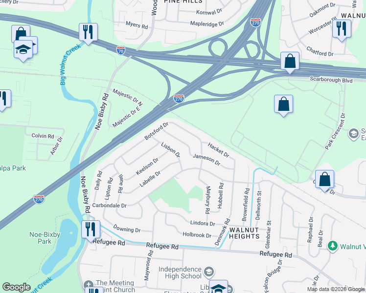 map of restaurants, bars, coffee shops, grocery stores, and more near 5124 Jameson Drive in Columbus