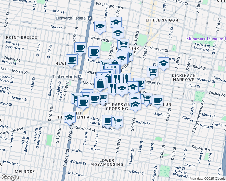 map of restaurants, bars, coffee shops, grocery stores, and more near 1107 Watkins Street in Philadelphia