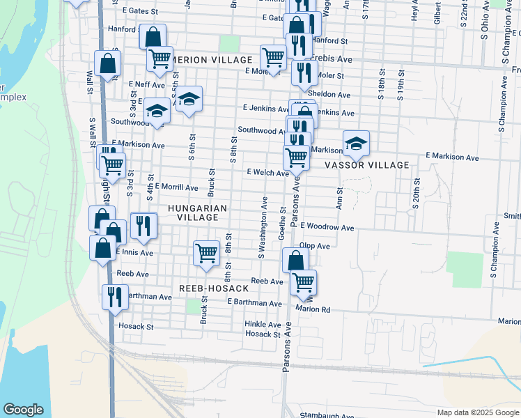 map of restaurants, bars, coffee shops, grocery stores, and more near 350 East Hinman Avenue in Columbus