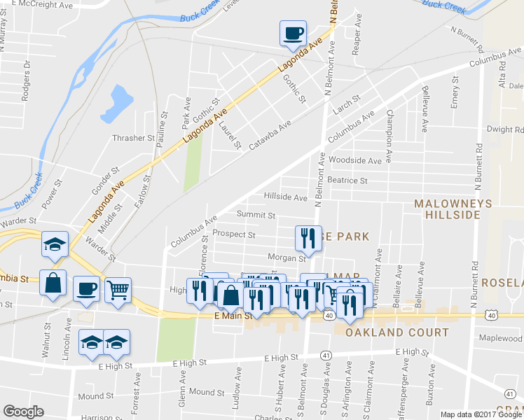 map of restaurants, bars, coffee shops, grocery stores, and more near 1702 Summit Street in Springfield