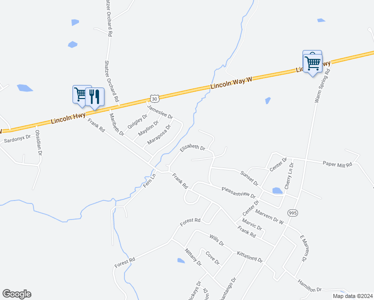 map of restaurants, bars, coffee shops, grocery stores, and more near 1642 Elizabeth Drive in Chambersburg