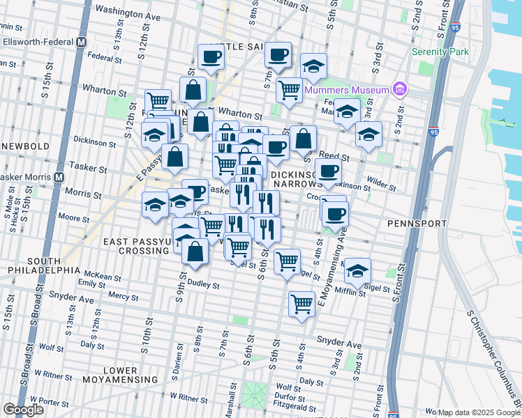map of restaurants, bars, coffee shops, grocery stores, and more near 618 Fernon Street in Philadelphia