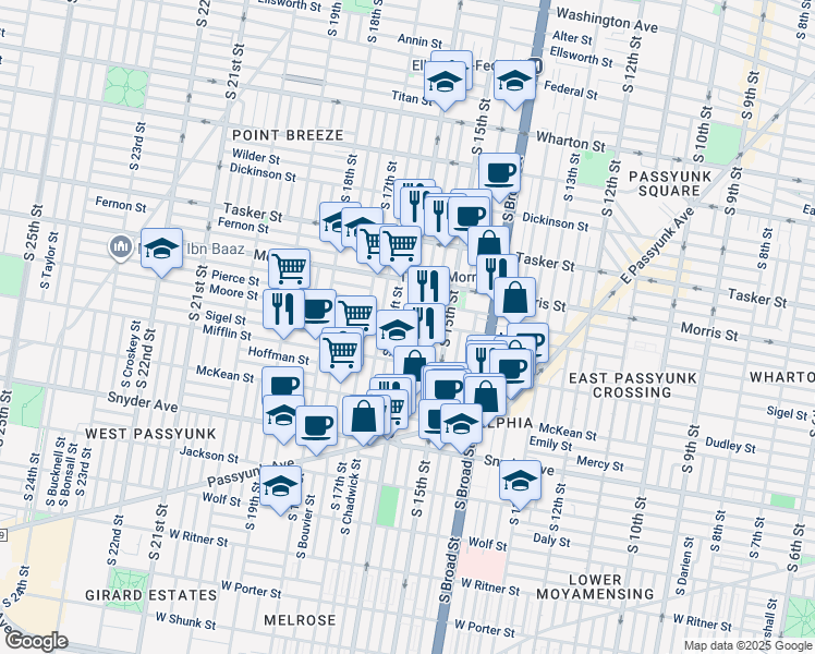 map of restaurants, bars, coffee shops, grocery stores, and more near 1800-02 South 16th Street in Philadelphia