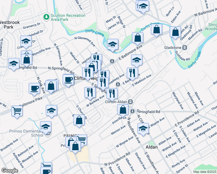 map of restaurants, bars, coffee shops, grocery stores, and more near 34 East Broadway Avenue in Clifton Heights