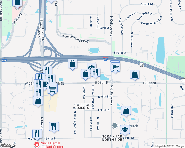 map of restaurants, bars, coffee shops, grocery stores, and more near 500 East 96th Street in Indianapolis