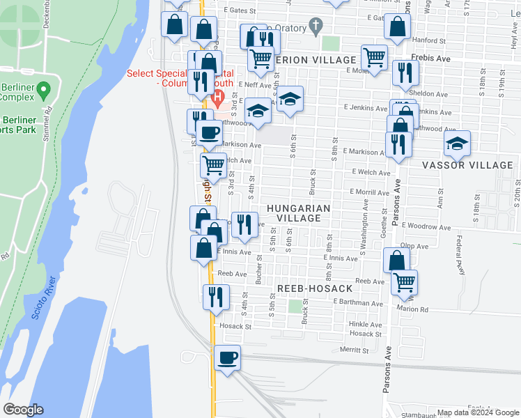 map of restaurants, bars, coffee shops, grocery stores, and more near 115 East Hinman Avenue in Columbus