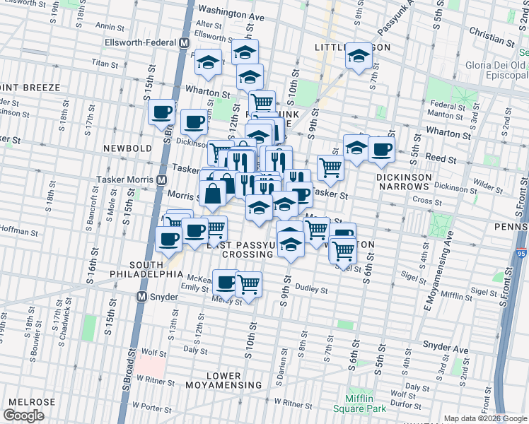 map of restaurants, bars, coffee shops, grocery stores, and more near 1640 South 10th Street in Philadelphia