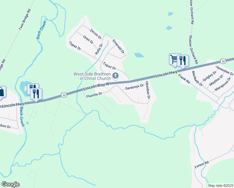 map of restaurants, bars, coffee shops, grocery stores, and more near 51 Diopside Drive in Chambersburg