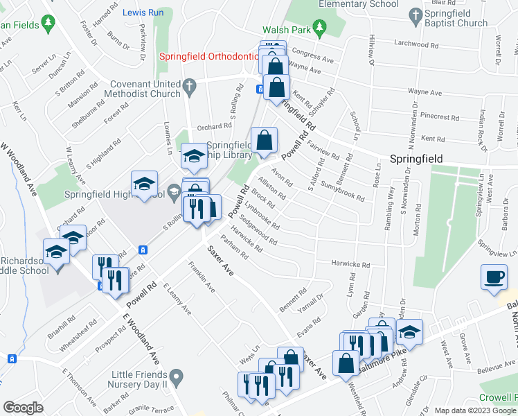 map of restaurants, bars, coffee shops, grocery stores, and more near 225 Lynbrooke Road in Springfield