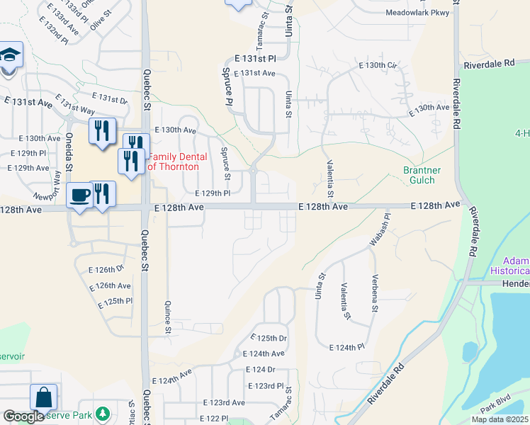 map of restaurants, bars, coffee shops, grocery stores, and more near 12789 Tamarac Street in Thornton