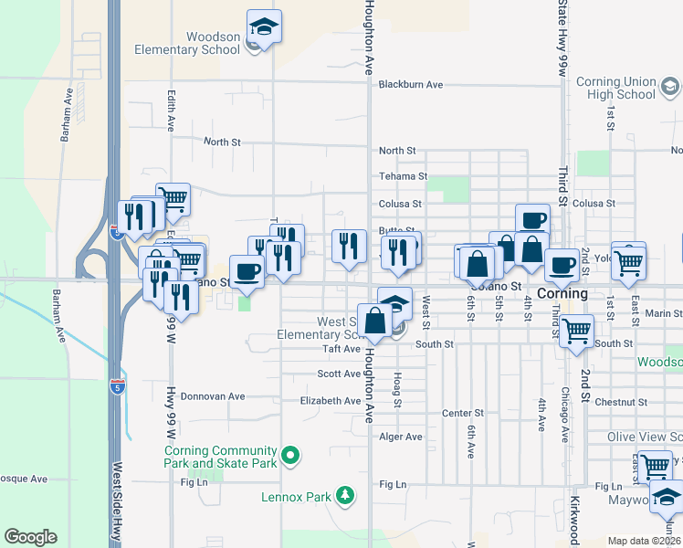 map of restaurants, bars, coffee shops, grocery stores, and more near 749 Lincoln Avenue in Corning