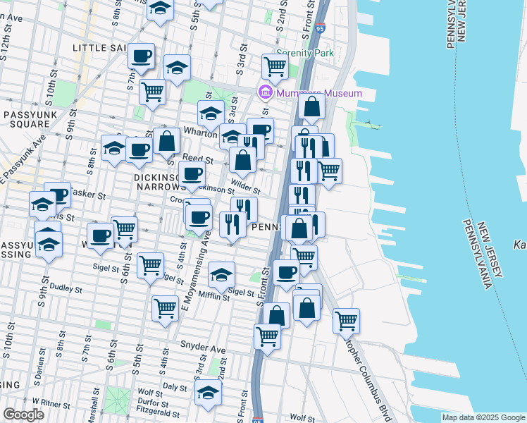 map of restaurants, bars, coffee shops, grocery stores, and more near 119 Greenwich Street in Philadelphia