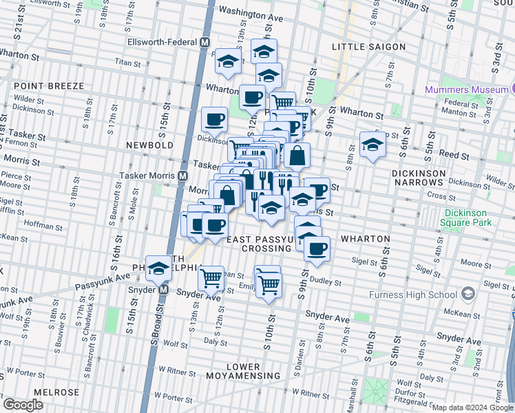 map of restaurants, bars, coffee shops, grocery stores, and more near 1107 Watkins Street in Philadelphia