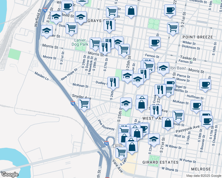 map of restaurants, bars, coffee shops, grocery stores, and more near 2621 McKean Street in Philadelphia