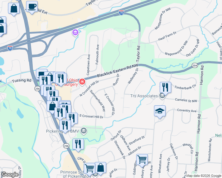map of restaurants, bars, coffee shops, grocery stores, and more near 13308 Rustic Drive in Pickerington