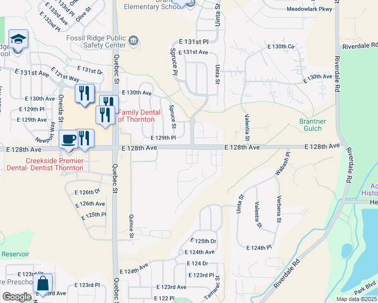 map of restaurants, bars, coffee shops, grocery stores, and more near 12789 Tamarac Street in Thornton