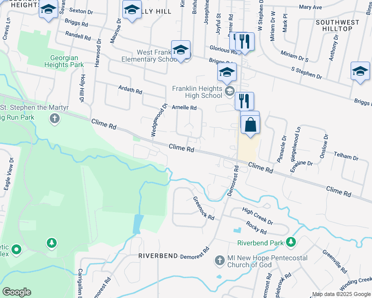 map of restaurants, bars, coffee shops, grocery stores, and more near Clime Road & Mccarley Drive in Columbus