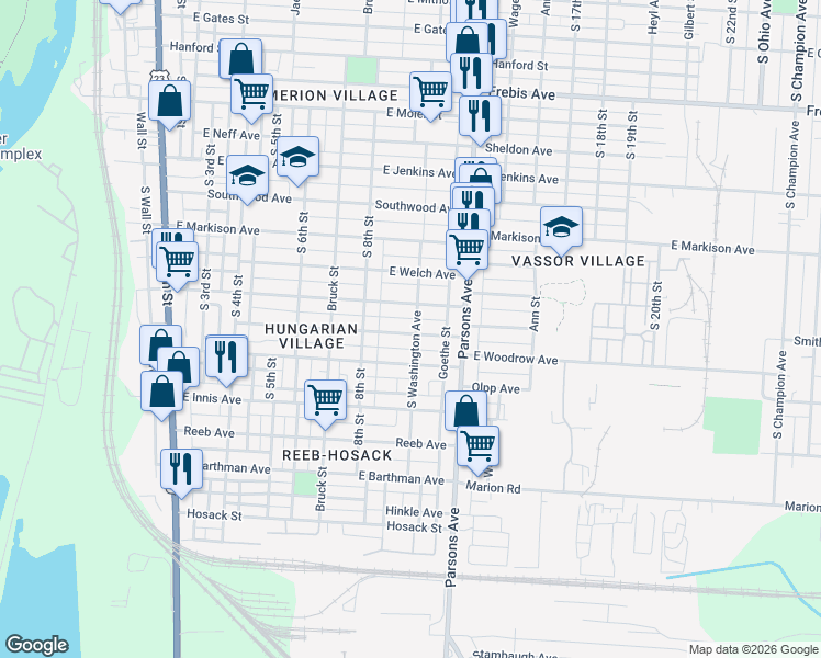 map of restaurants, bars, coffee shops, grocery stores, and more near 350 East Hinman Avenue in Columbus